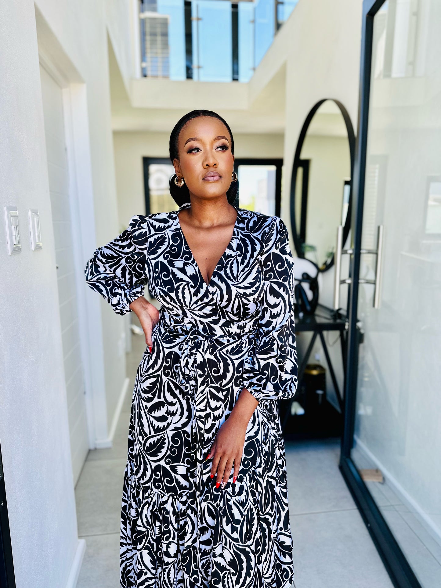 Enelo Black and White Wrap Dress