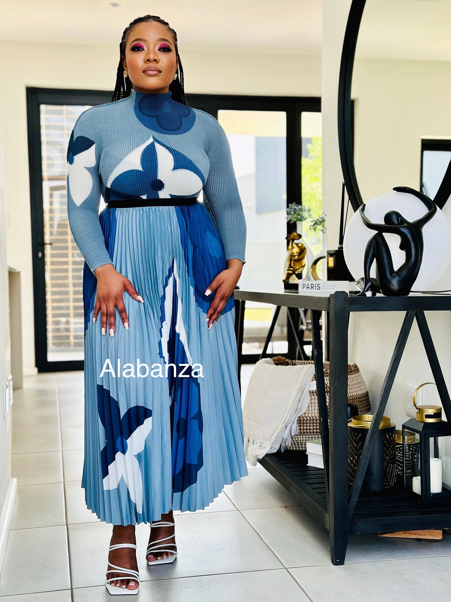 Zari Teal Blue Floral Pleat Set