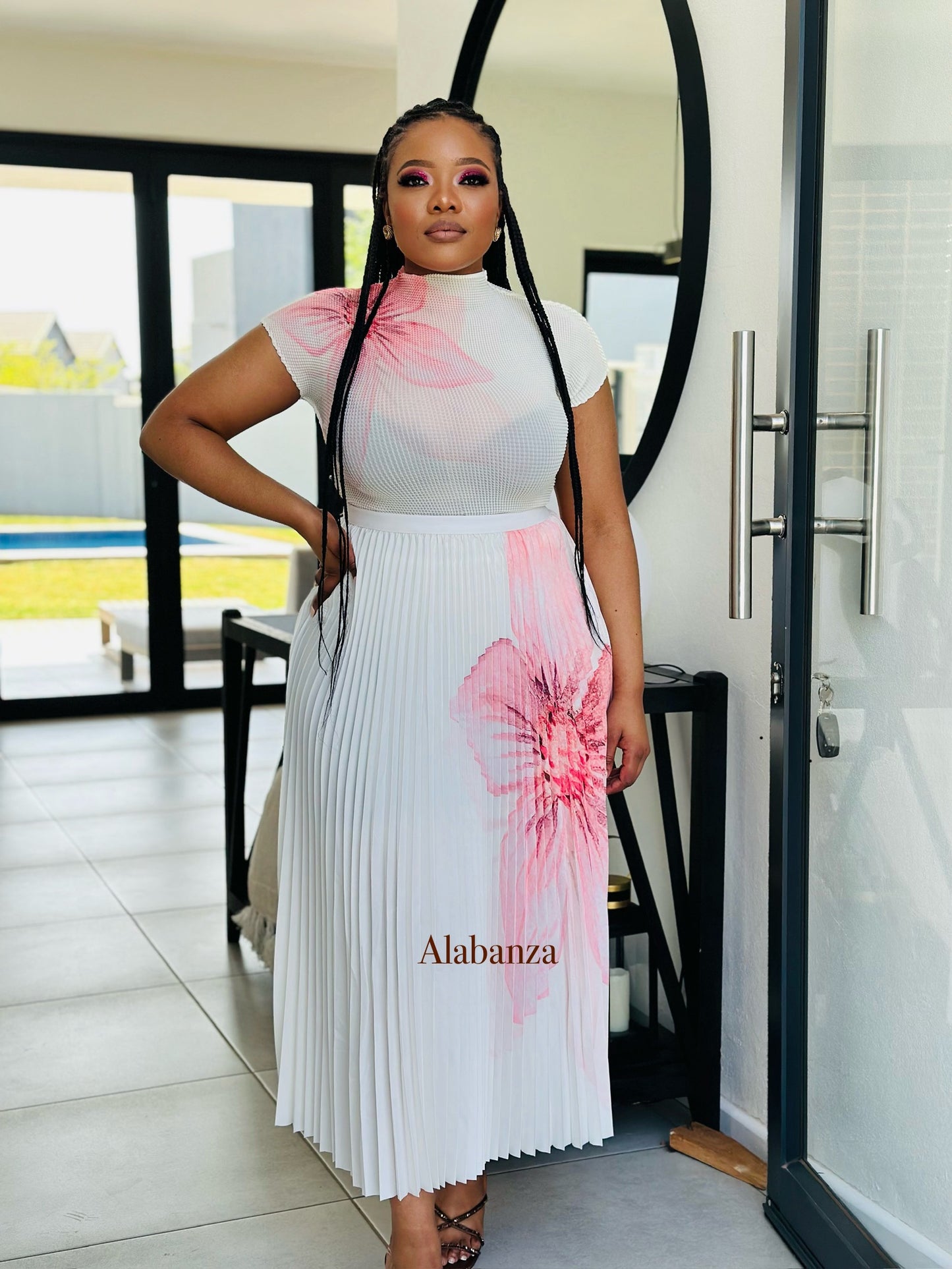 Zuri Cream Pink Floral Pleat Set