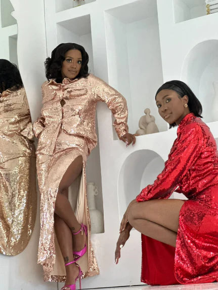 Neon Rose Gold Sequin Set. (Pre loved -Worn no more than twice). T&C's Apply: no return, refund, or exchange.