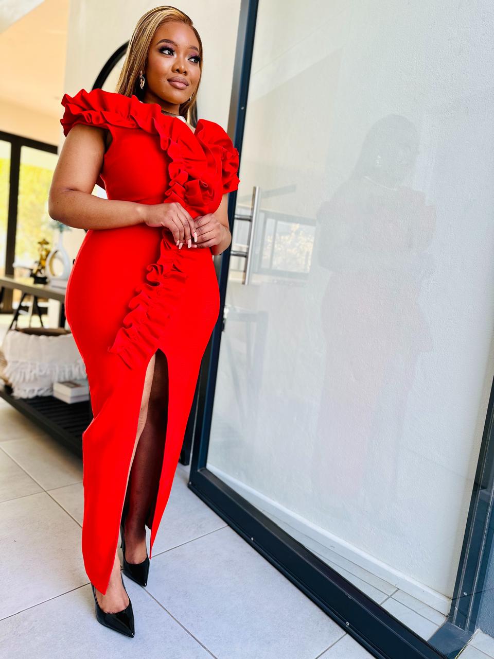 Red Ruffle Bandage Dress