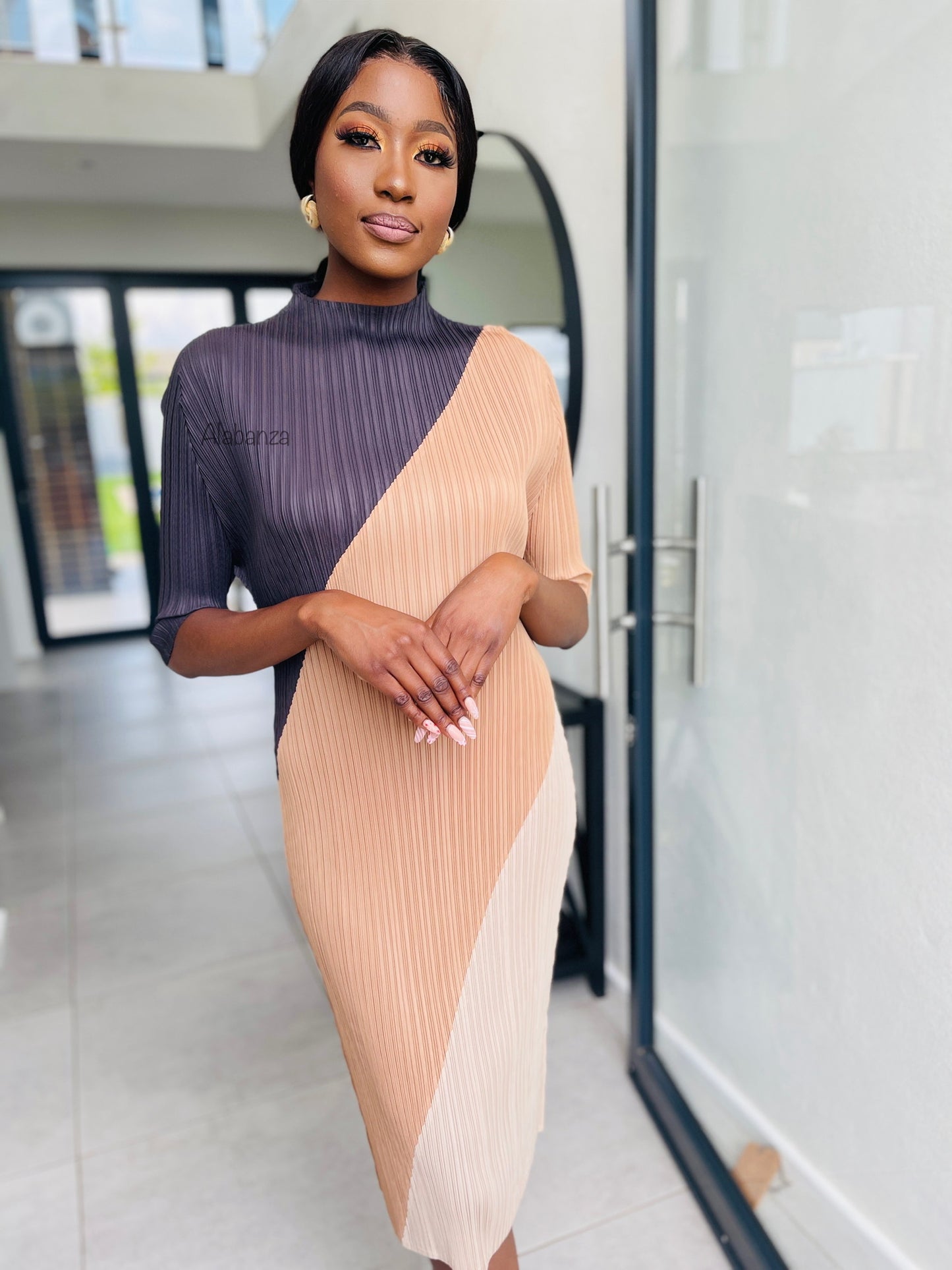 Ella Brown Pleat Dress