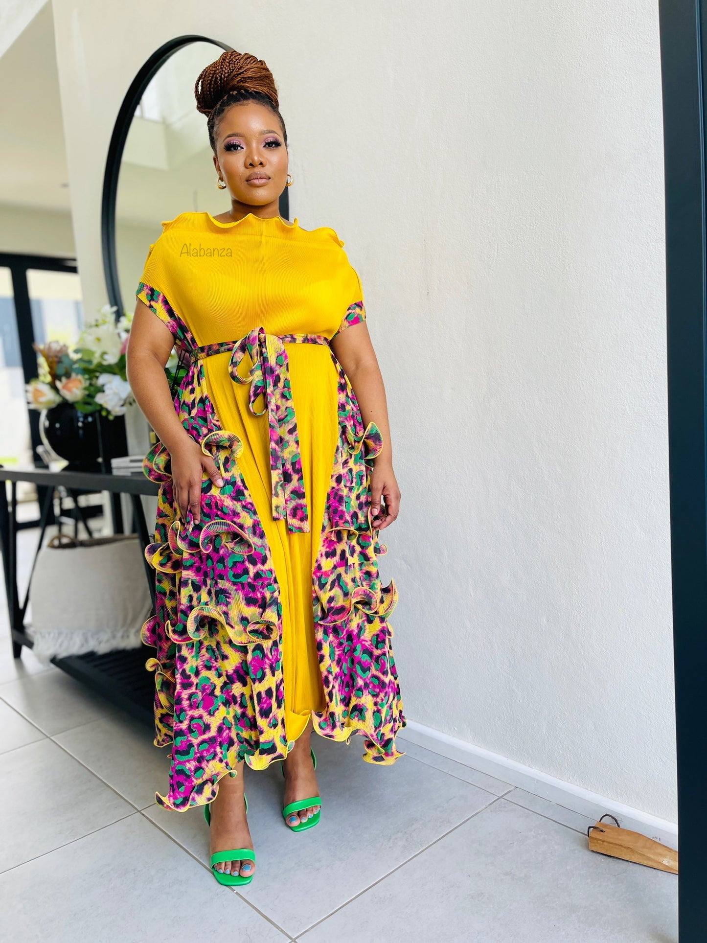 Jamala Yellow Multicolor Pleat Dress