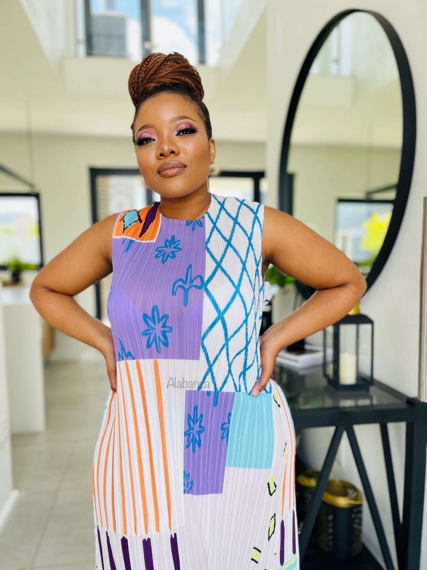 Alisha Cream Multicolor Pleat Dress