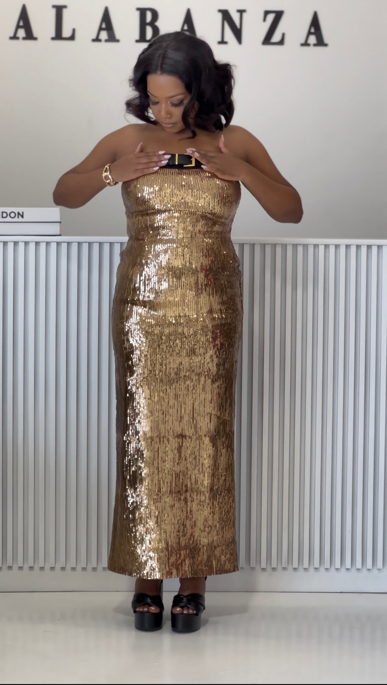 Castano gold off shoulder sequin dress