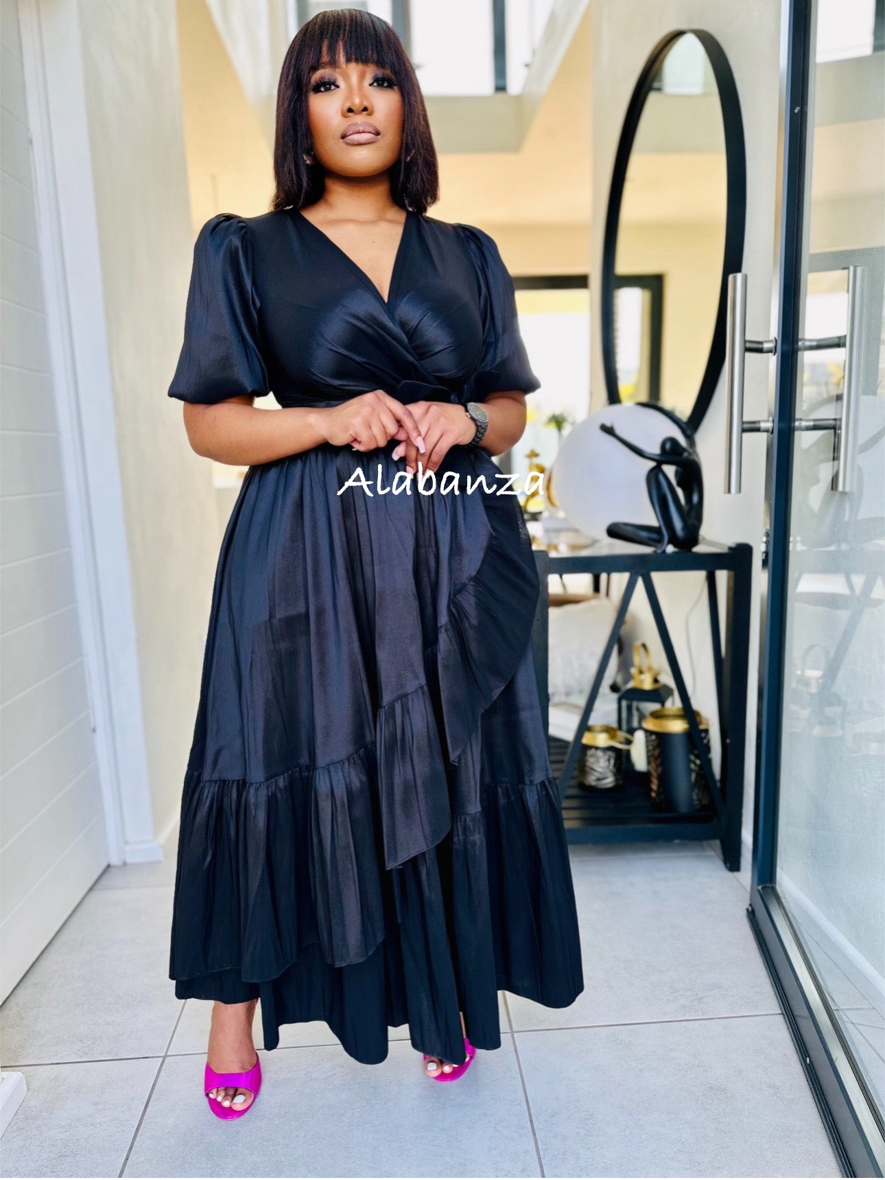 Amilah Black Bow Wrap Dress
