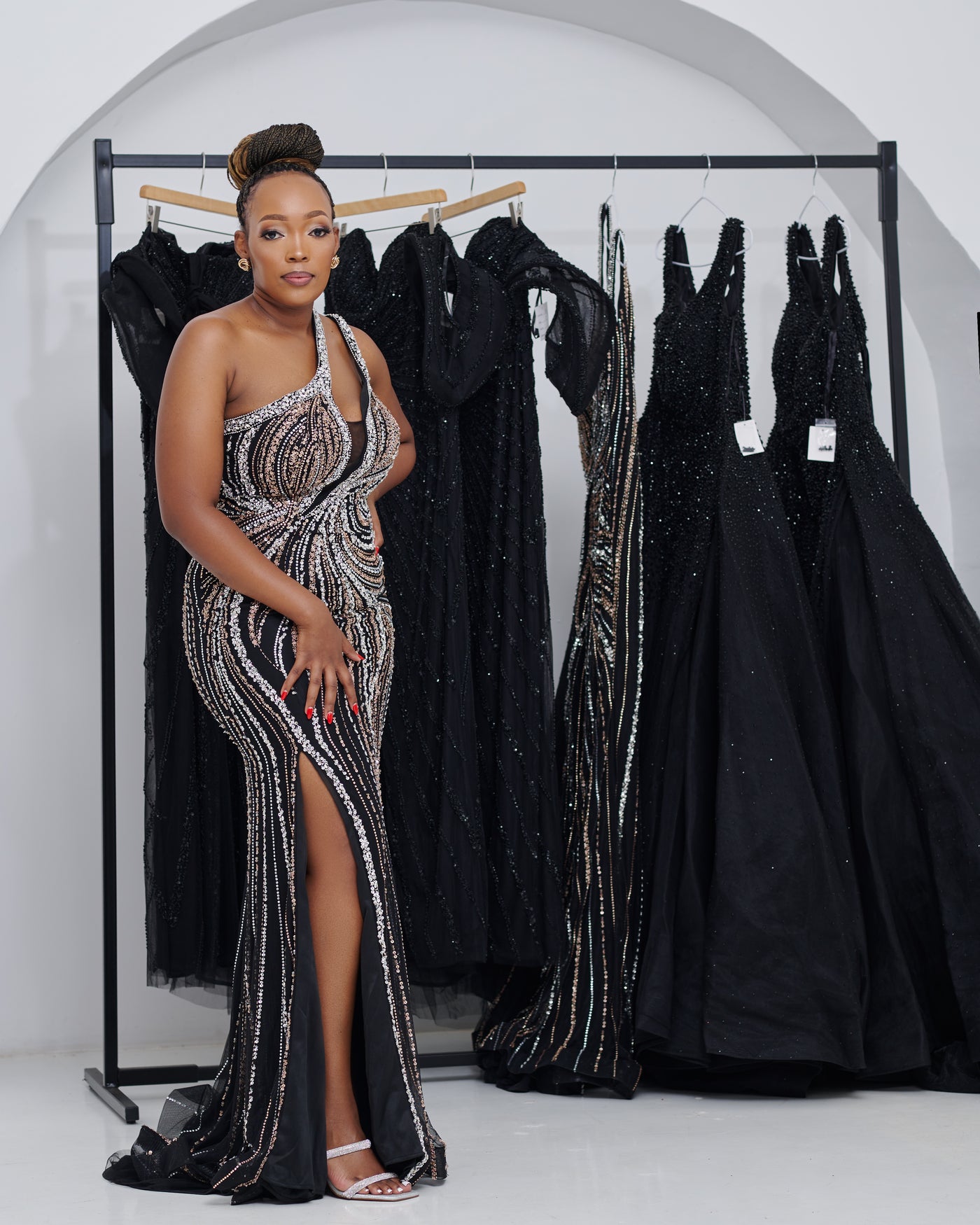 Crystal Cascade Black Dress (50 % is Refundable Deposit)