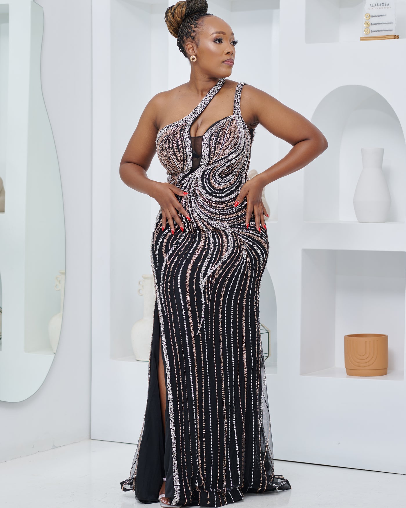 Crystal Cascade Black Dress (50 % is Refundable Deposit)
