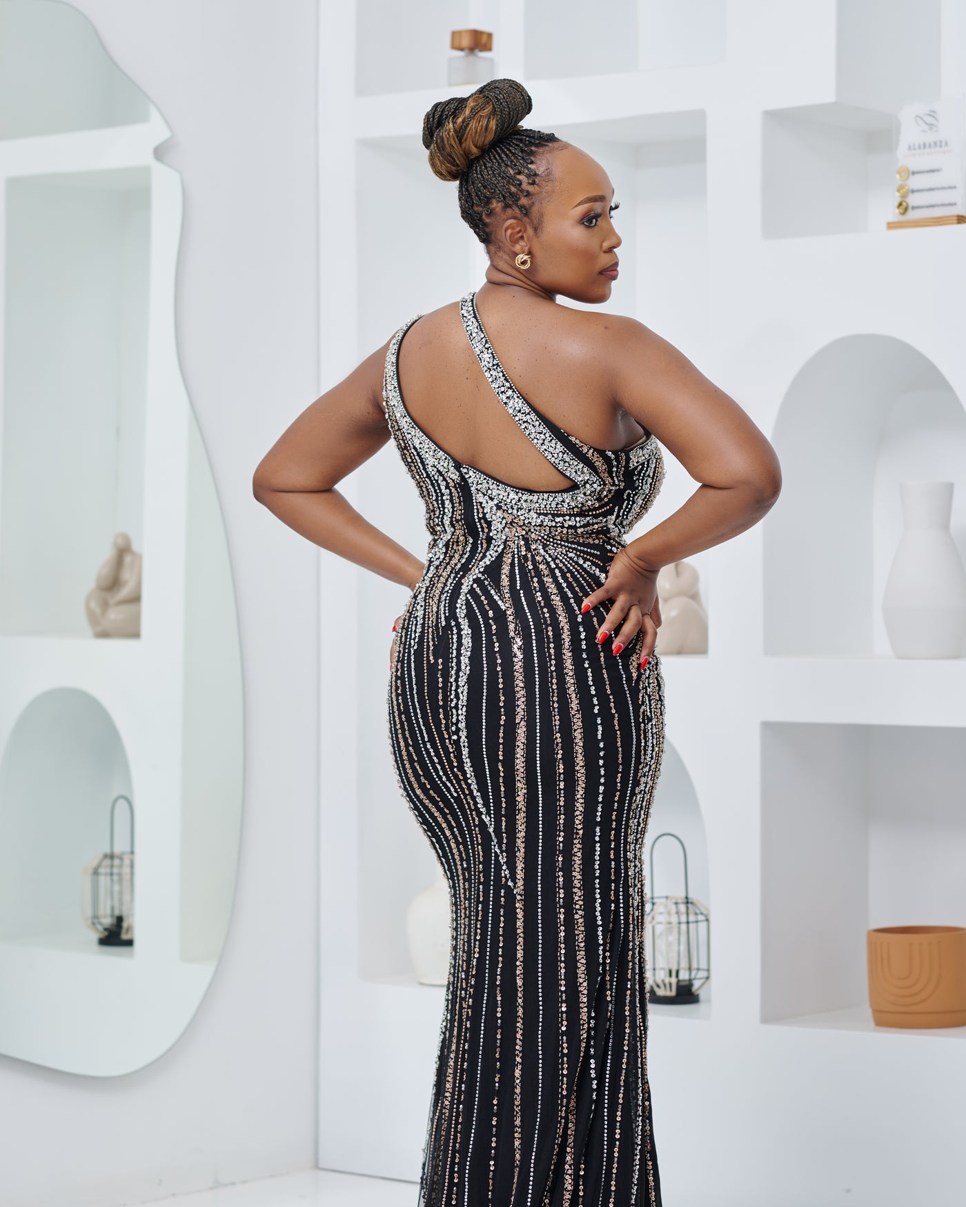 Crystal Cascade Black Dress (50 % is Refundable Deposit)