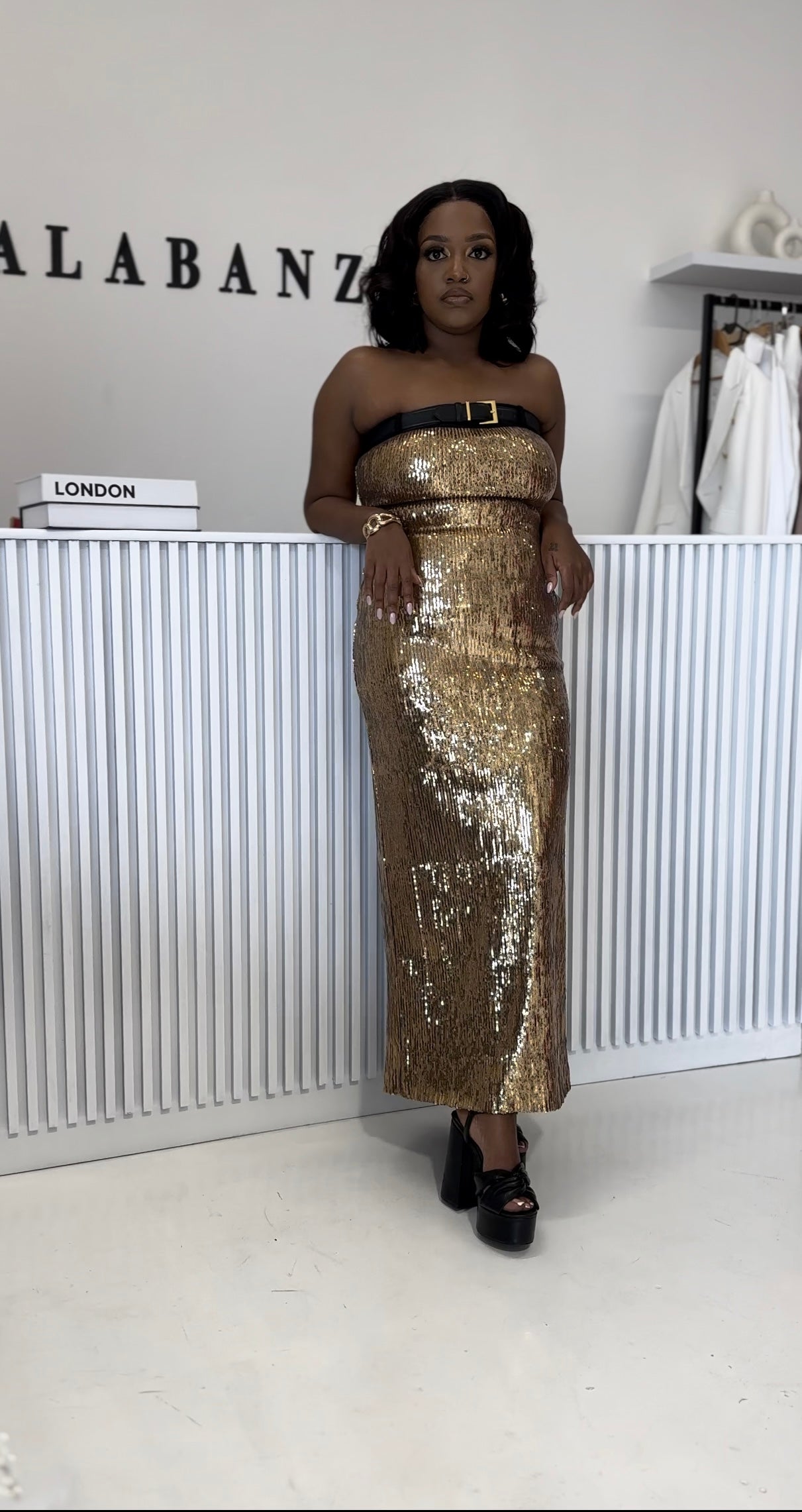 Castano gold off shoulder sequin dress