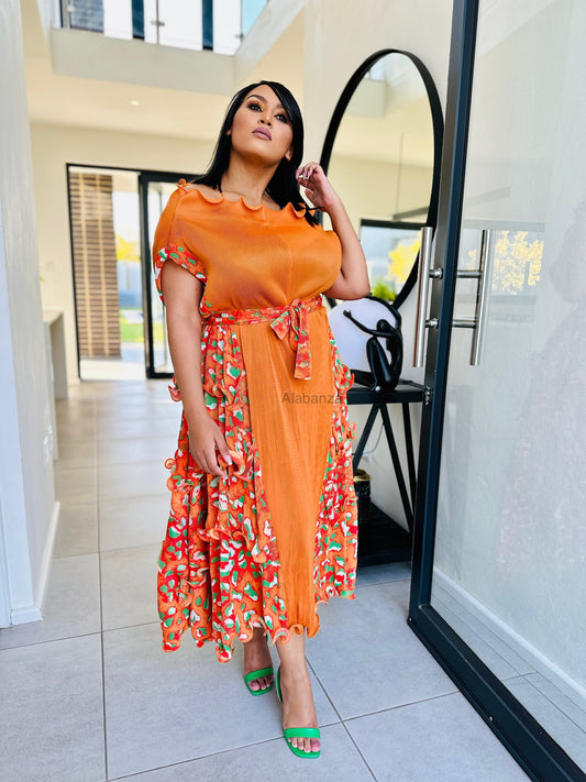 Jamala Orange Multicolor Pleat Dress (Trio Deal)