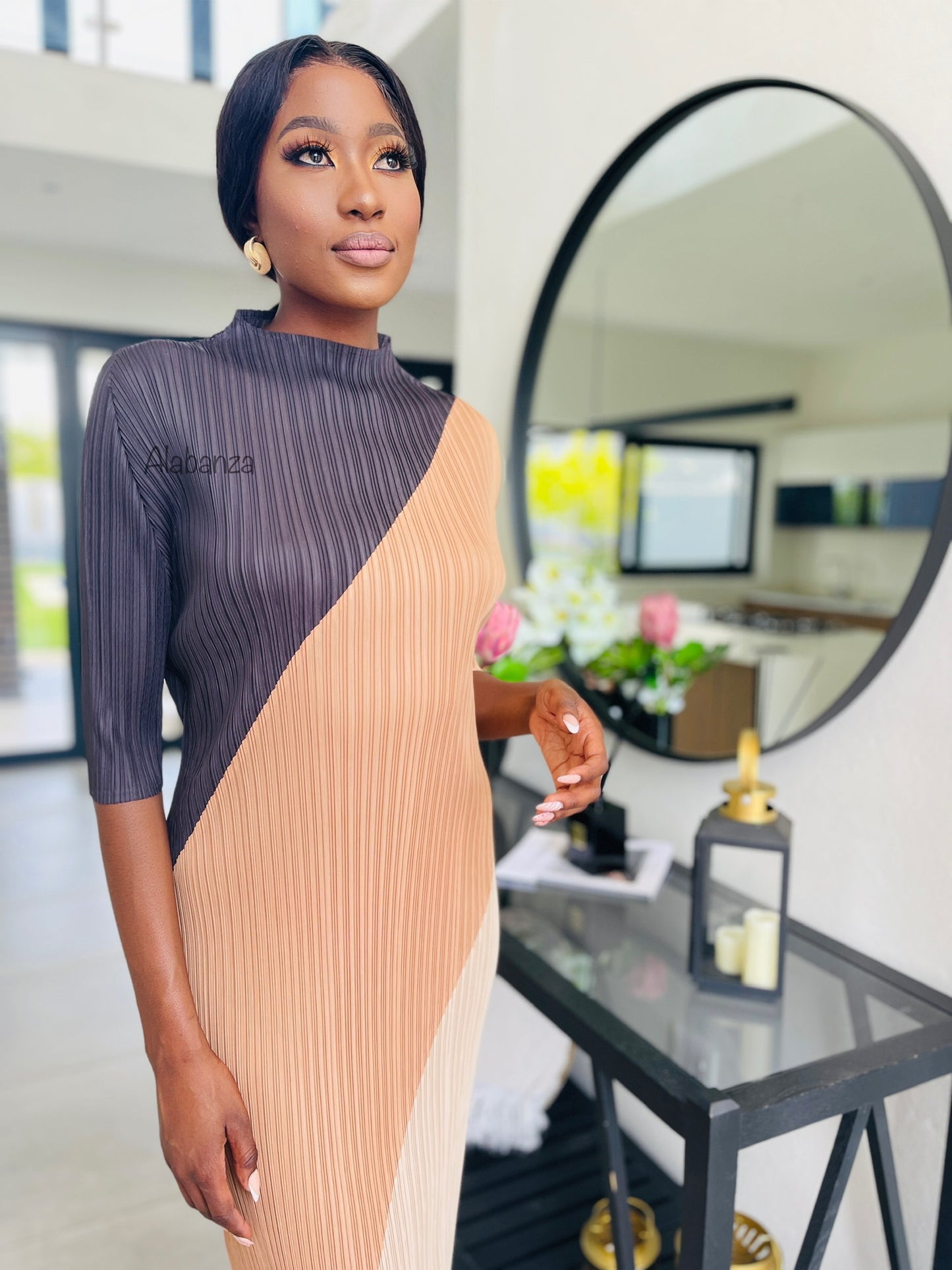 Ella Brown Pleat Dress