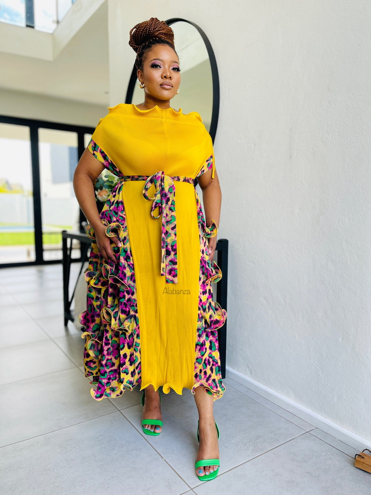 Jamala Yellow Multicolor Pleat Dress