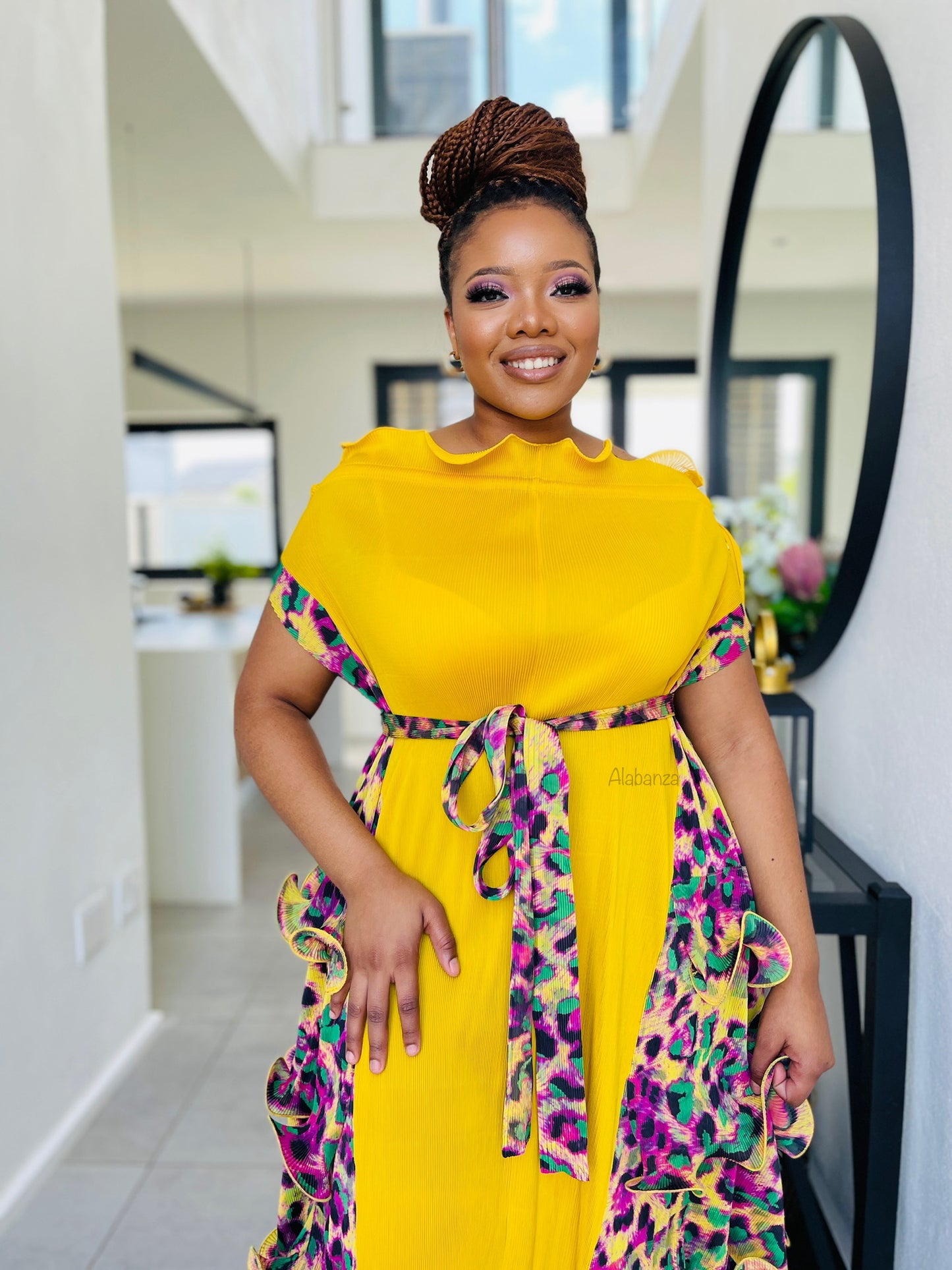 Jamala Yellow Multicolor Pleat Dress