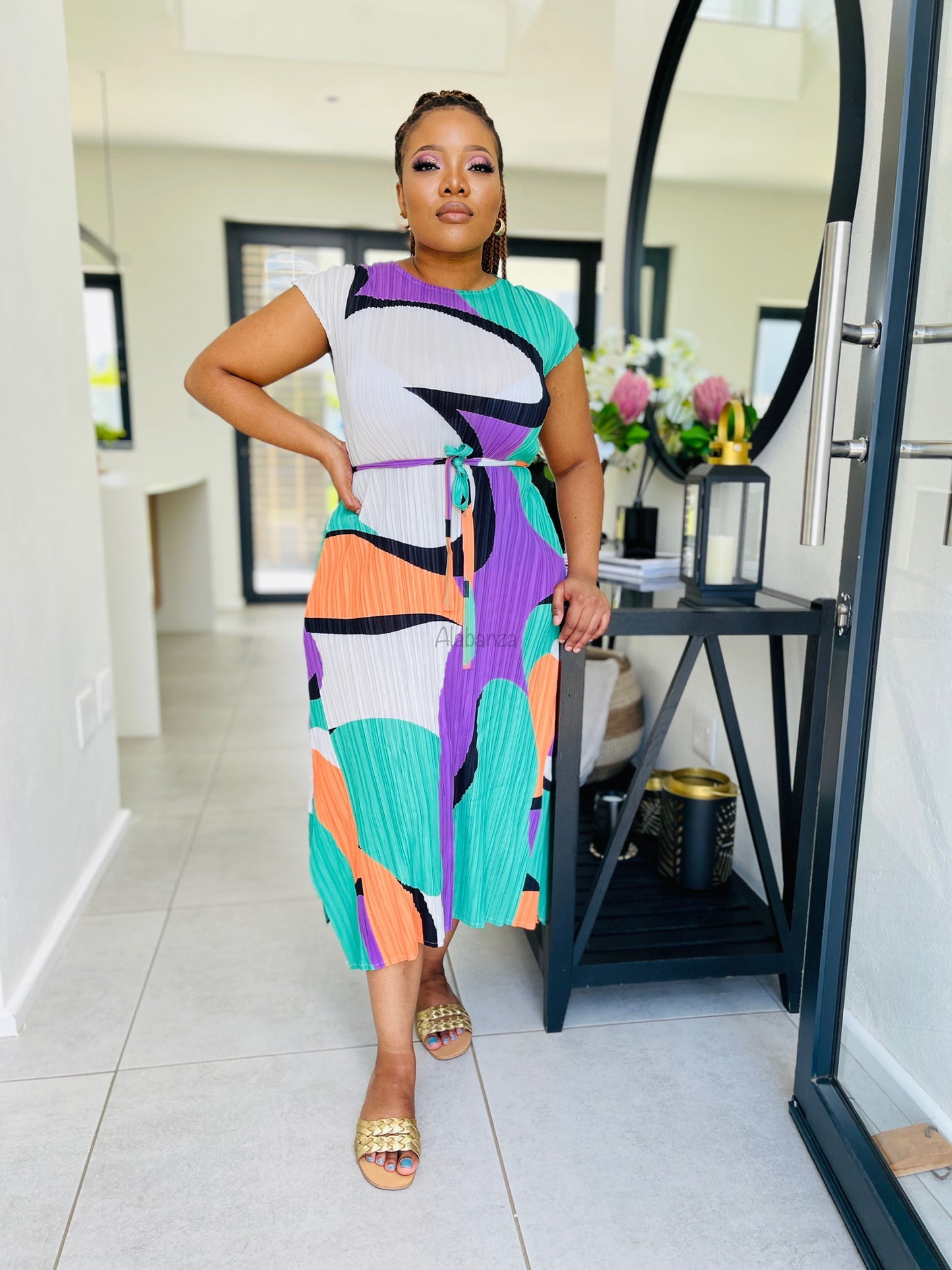 Alisha Green Multicolor Pleat Dress