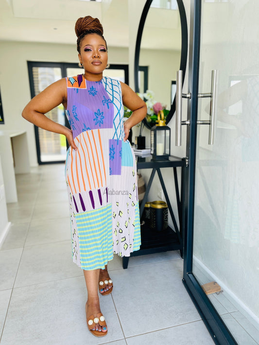 Alisha Cream Multicolor Pleat Dress